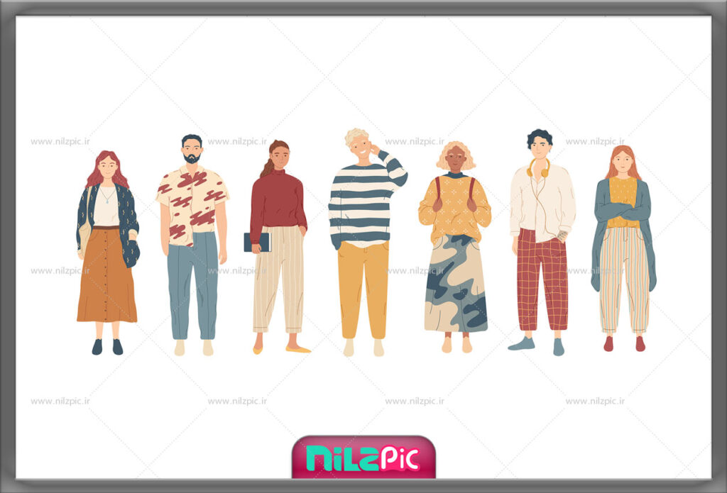 وکتور کاراکتر, شخصیت وکتوری, کاراکتر فلت, وکتور زن و مرد, تصویر جوانان, وکتور تبلیغاتی, طراحی UI, موشن گرافیک, شخصیت انیمیشنی, وکتور فلت, کاراکتر جوان, وکتور دختر و پسر